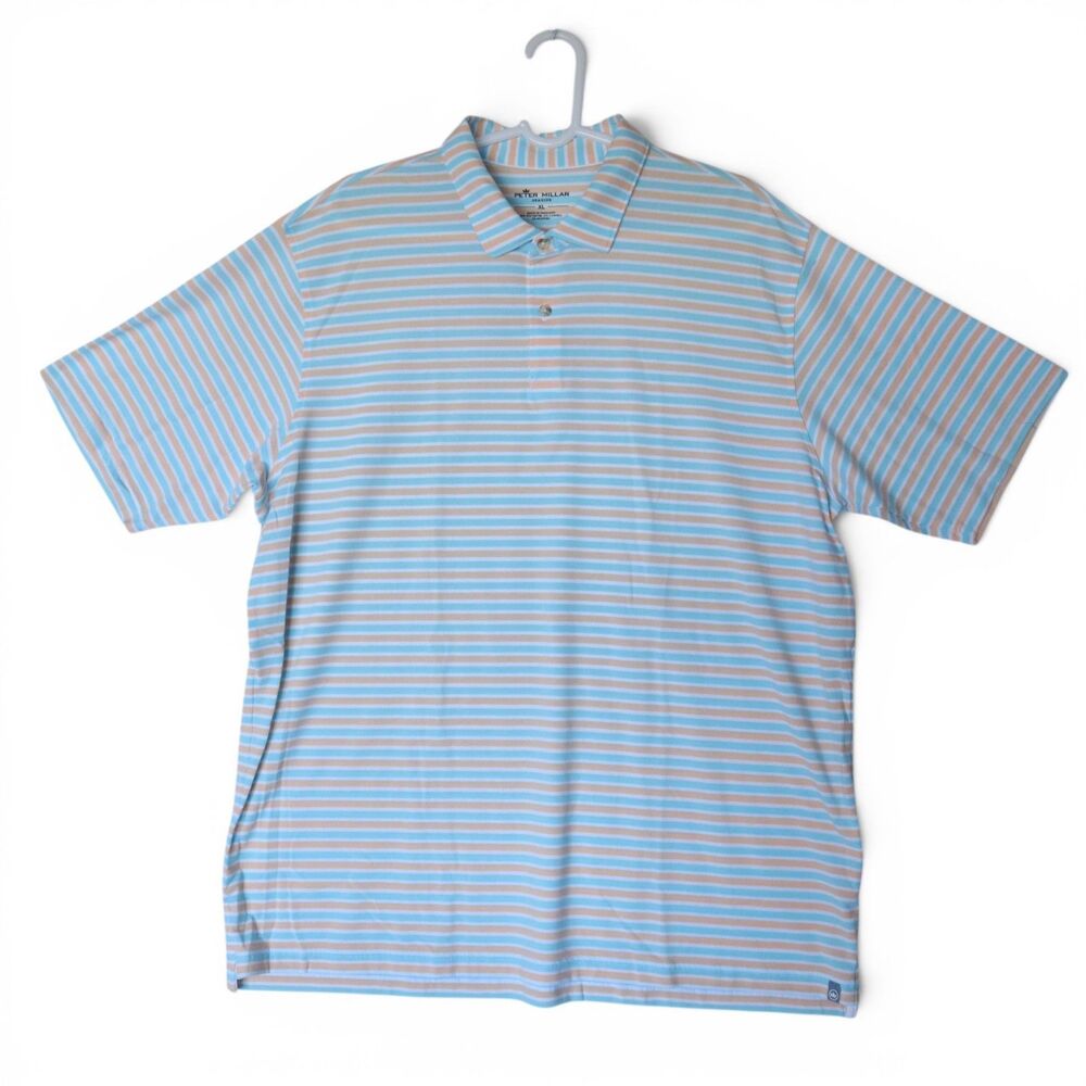 Peter Millar Seaside Men's Size XL Golf Performance Polo Orange/Blue Stripes